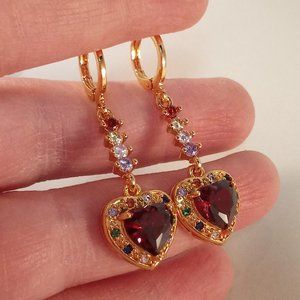18K Yellow Gold Filled Luxury Garnet Red Heart Diamond Zircon Dangle Earrings